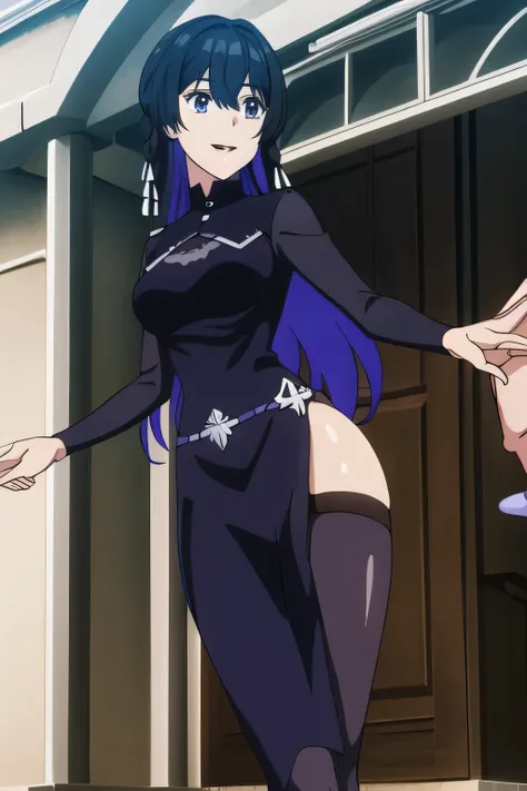 Can you draw a woman with a nice smile,Please draw the expression on her face more delicately,I need a face,Can I draw black underwear,,I can see the black pants from the Macross miniskirt、 Beautiful legs,Regline Beauty Temptation, Faces are important,Big ...