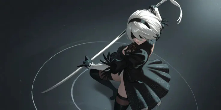 2b nier automata, striking a pose, dynamic pose, dynamic angle, masterpiece, holding one sword, gloomy and dark atmosphere, lonely background, view from above, circular movement