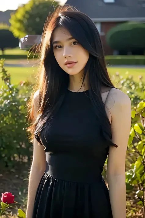 1girl, smirking, natural soft lighting, black dress, medium breast , standing in black rose field , house background , upper body , looking at camera , the wind is flowing her hair, best quality, very realistic, masterpiece