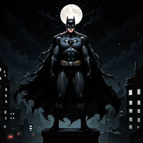jimlee style, comicbook illustration, the main subject is batman, batman standing on highest skyscraper rooftop, he is surrounded by shadows and his cowl making his face completely black with only two white visible, he is wearing armored suit and long torn...