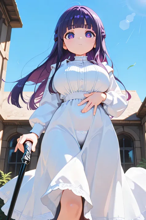 Masterpiece, Best quality, Amazing quality,

 Flare, 1 girl, breasts, purple hair, purple eyes, long hair, solo, dress, big breasts, looking at viewer, bangs, white dress, outdoors, holding cane, blunt bangs, covering navel, sky, long sleeves, holding cane...
