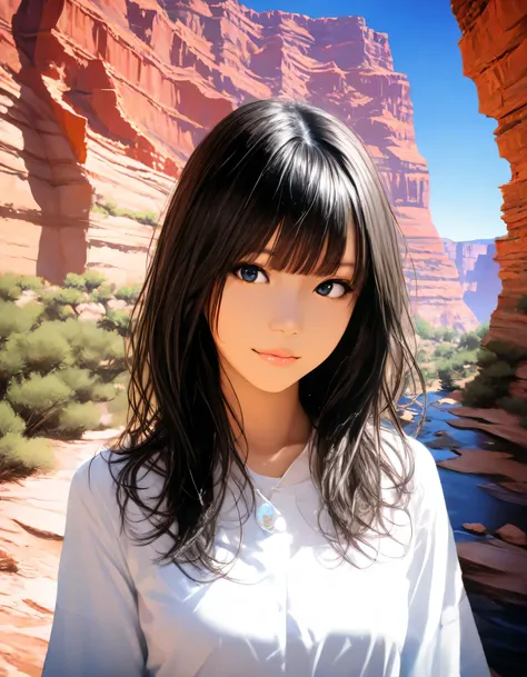 1girl, year 2016, upper body, Grand Canyon, blue sky, casual clothes, masterpiece, high score, great score, absurdres, 16k, Ultra detailed, (photorealistic : 0.5)
