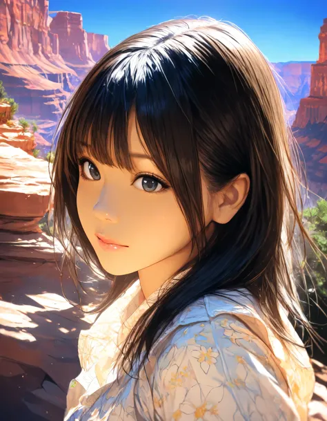 1girl, year 2016, upper body, Grand Canyon, blue sky, casual clothes, masterpiece, high score, great score, absurdres, 16k, Ultra detailed, (photorealistic : 0.5)
