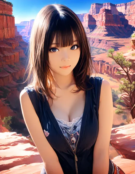 1girl, year 2016, upper body, Grand Canyon, blue sky, casual clothes, masterpiece, high score, great score, absurdres, 16k, Ultra detailed, (photorealistic : 0.5)