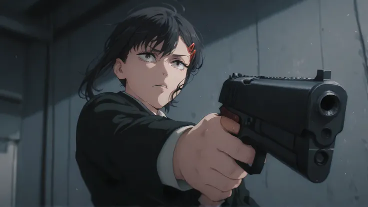 kobeni chainsawman, looking confident, looking calm, black suit, holding a gun, dynamic pose, dynamic angle, masterpiece, circular movement