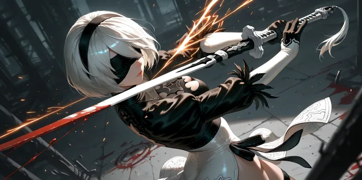 2b nier automata, blindfolded, striking a pose, dynamic pose, dynamic angle, best angle, best posing, masterpiece, holding only one sword, gloomy and dark atmosphere, lonely background, view from side, view from above, blood on sword, a little blood on clo...