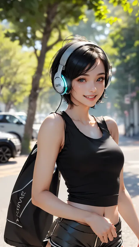 (8k,Live-action footage,super High resolution,Ultra-realistic,Highest quality:1.4),Break,20-year-old,Japan,Beautiful Face,Realistic blue eyes,Beautiful details in the eyes,(smile:1.5),(Wearing Glowing headphones:1.5),Beautiful Skin,Charm,(Black Hair, short...