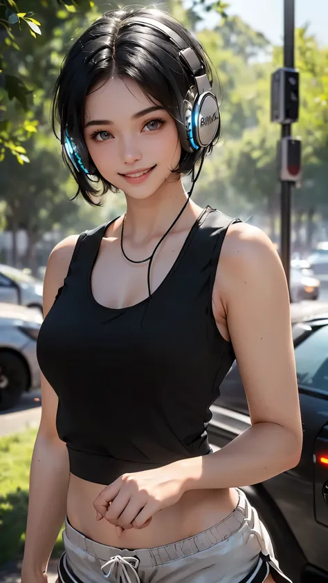 (8k,Live-action footage,super High resolution,Ultra-realistic,Highest quality:1.4),Break,20-year-old,Japan,Beautiful Face,Realistic blue eyes,Beautiful details in the eyes,(smile:1.5),(Wearing Glowing headphones:1.5),Beautiful Skin,Charm,(Black Hair, short...