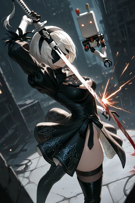 2b nier automata, blindfolded, striking a pose, dynamic pose, dynamic angle, best angle, best posing, masterpiece, holding only one sword, gloomy and dark atmosphere, lonely background, view from side, view from above, blood on sword, a little blood on clo...