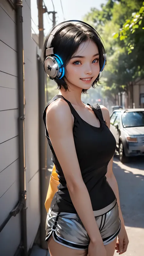 (8k,Live-action footage,super High resolution,Ultra-realistic,Highest quality:1.4),Break,20-year-old,Japan,Beautiful Face,Realistic blue eyes,Beautiful details in the eyes,(smile:1.5),(Wearing Glowing headphones:1.5),Beautiful Skin,Charm,(Black Hair, short...