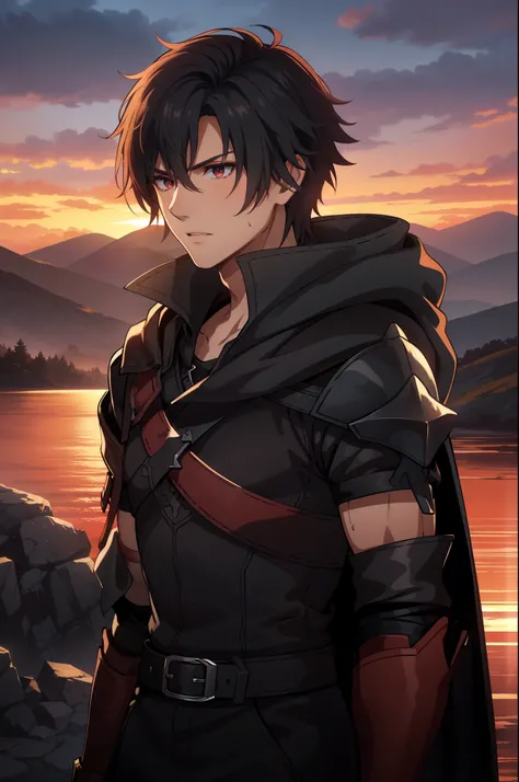 (high-quality, breathtaking),(expressive eyes, perfect face) 1boy, male, solo, young adult, Symmetrical Eyes, portrait, black hair, red eye color, short hair length, messy loose hair, neutral expression, soft smile, white shirt, black cloak red trim, fanta...
