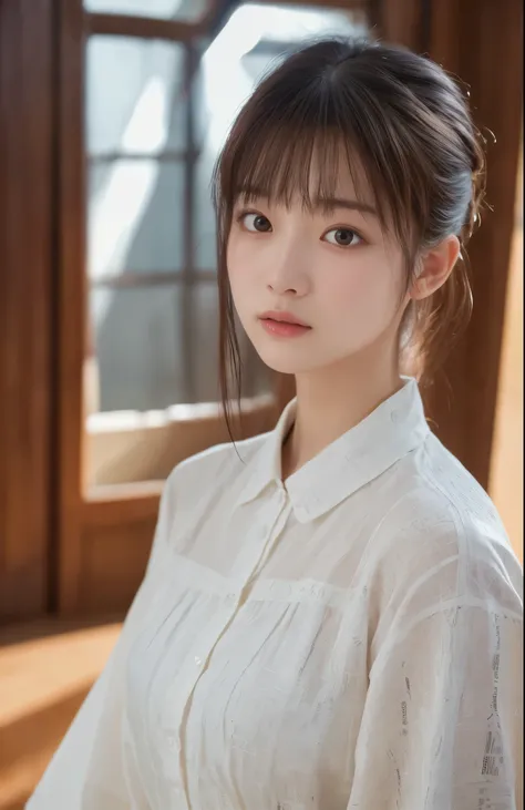 Holy light , high detail, Ultra high definition, masterpieces, best quality, 4k, without white pattern.shirt, without pattern , bust, indoor, No light , without exposure, light background,Plain clothes, 밝은 indoor, language,without blush
