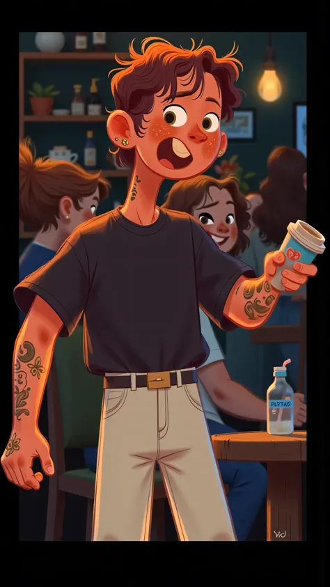 cafe scene montage; medium lens,Male protagonist(short black hair,green eyes,Black T-shirt,White trousers)exaggerates、exaggerate or preach、expression is dismissive or even funny。In front of you is a large square table。color scheme is dark and mixed with hi...