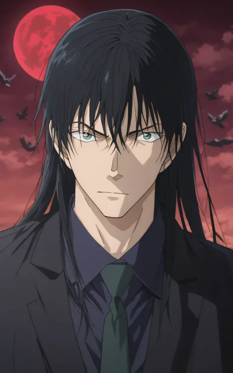 1male,solo,fushiguro toji,long hair,black hair,green eyes,black coat,black shirt,black necktie,black vest,lazy,cool face,muscle,villain,night,crows,bloods moon,