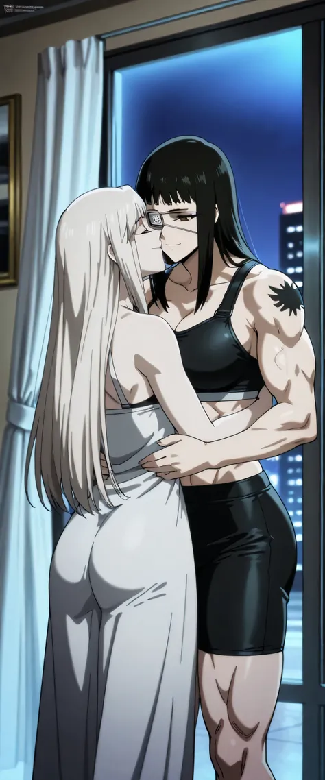 2girl,solo,mm,mature female,black hair,eyepatch,brown eyes,,anime coloring,long hair,
muscular,black tight sport bra and black tight sport Elastic shorts,cowboy shot, , ,outside the window in hotel, tattoo, 
,masterpiece,best quality,amazing quality,,muscl...