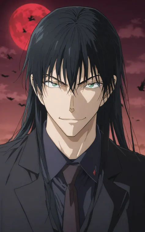 1male,solo,fushiguro toji,long hair,black hair,green eyes,black coat,black shirt,black necktie,black vest,Menacing smile,muscle,villain,night,crows,bloods moon,
