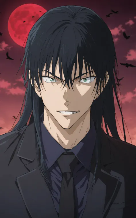 1male,solo,fushiguro toji,long hair,black hair,green eyes,black coat,black shirt,black necktie,black vest,Evil grin,muscle,villain,night,crows,bloods moon,