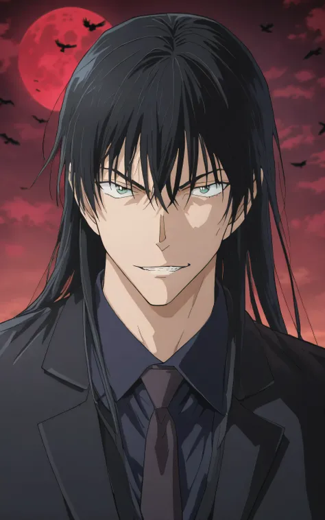 1male,solo,fushiguro toji,long hair,black hair,green eyes,black coat,black shirt,black necktie,black vest,Evil grin,muscle,villain,night,crows,bloods moon,