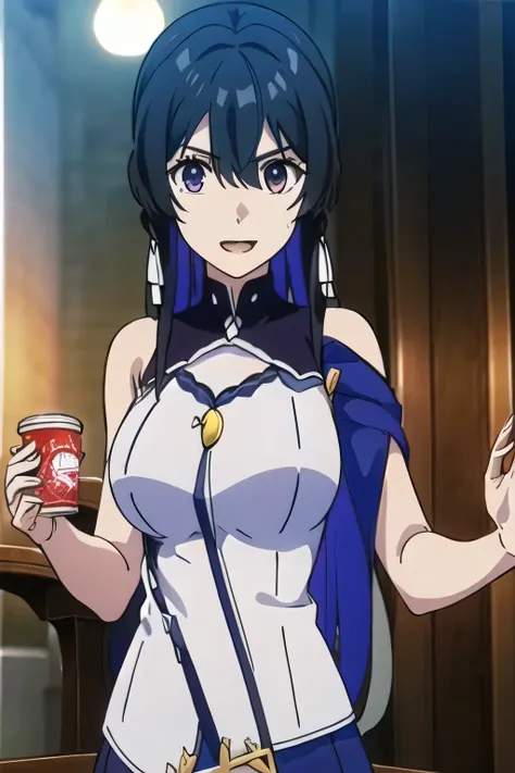 Do big breasts make huge breasts，her nipples are wet、 under the swimsuit，can you draw a pleated miniskirt，彼女のBig breastsをもっと大きく描いてください，Black hair long hair，nice smileの女性，she's wearing a dark blue pleated miniskirt，Big breastsは白いブラウスで隠れてます，         sleevele...