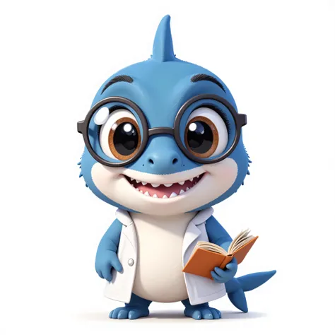 cute chibi-style shark mascot, standing upright, big round eyes, wearing round glasses and a small white lab coat, holding a little book, smiling curiously, blue and white color scheme, cartoon vector style, clean white background, simple shadow, education...