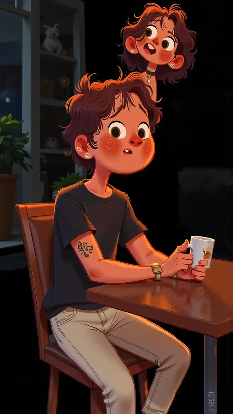 cafe scene montage; medium lens,Male protagonist(short black hair,green eyes,Black T-shirt,White trousers)On the seat ,exaggerates、exaggerate or preach、expression is dismissive or even funny。In front of you is a large square table。color scheme is dark and ...