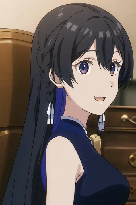 Please draw her facial expressions more delicately，Please draw her hands and legs more accurately，her nipples are wet、 under the swimsuit，Can you draw a pleated miniskirt，彼女のBig breastsをもっと大きく描いてください，Black hair long hair，nice smileの女性，She is wearing a dark...