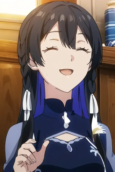 Can I draw a mini skirt，Please draw her expression more delicately，Please draw her hands and feet more accurately，her nipples are wet、 Wear ，Can you draw a pleated miniskirt，彼女のBig breastsをもっと大きく描いてください，Black hair long hair，nice smileの女性，she's wearing a da...