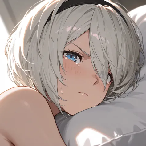 2b nier automata, head lying on white pillow, just woke up, close up, pouting, crying, tears on one eye, looking at viewer, best quality. perfect, ultra detailed, breathtaking