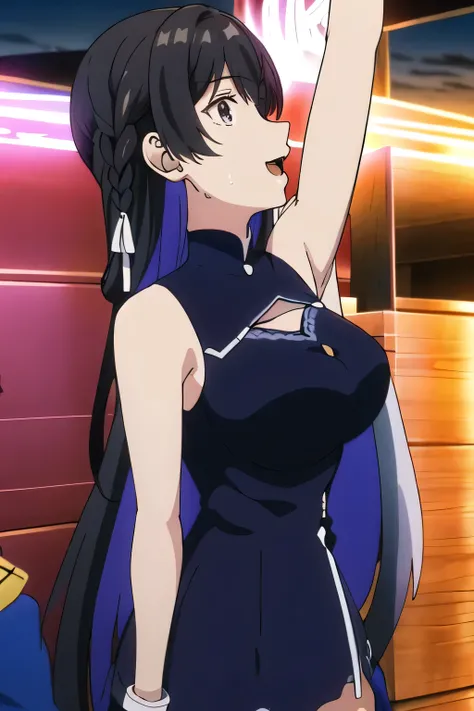 Please draw her expression more delicately，Please draw her hands and feet more accurately，her nipples are wet、 Wear ，Can you draw a pleated miniskirt，彼女のBig breastsをもっと大きく描いてください，Black hair long hair，nice smileの女性，She's wearing a dark blue pleated miniskir...