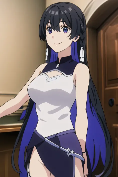black hair long hair，A woman with a lovely smile，Standing，（（（You can do enough work by yourself））），Please draw expressions more delicately， can I draw a sleeveless leotard，，Training Room，sporting，（draw a more delicate expression），（gold border on a blue leo...
