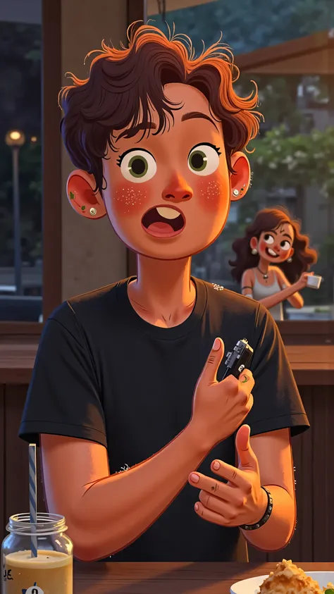 cafe scene montage; medium lens,Male protagonist(short black hair,green eyes,Black T-shirt)On the seat ,exaggerates、exaggerate or preach、expression is dismissive or even funny。In front of you is a large square table。color scheme is dark and mixed with high...