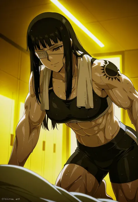 1girl,solo,mm,mature female,black hair,eyepatch,brown eyes,medium breasts,anime coloring,long hair,
muscular,black tight sport bra and black tight sport Elastic shorts,cowboy shot, , wet,training room, tattoo,
,masterpiece,best quality,amazing quality,,mu...