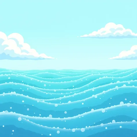 A bright and cheerful ocean background with gentle waves and soft blue gradients, subtle white highlights for sea foam, a clear sky above with light clouds, cartoon-style, vibrant colors, minimalistic and not distracting, suitable for logo backdrop