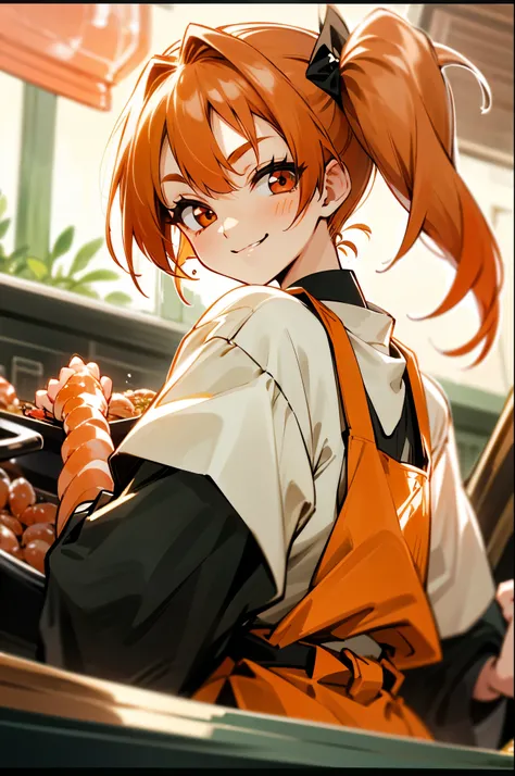 one woman、solo、Ebi Monster Pretty Girl、orange hair、side ponytail、Red round eyes、evil smile、orange apron、upper body、Lots of shrimp families around、cooking in the bright kitchen