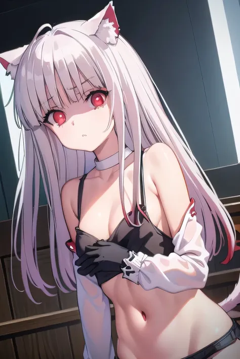 sigtuna julie, masterpiece, best quality, ultra-high-detailed, (red eyes:1.5), long sleeves, animal ears, tail, white hair, shorts, cat ears, cat tail, curly hair, (small breast:1.2), BREAK looking at viewer, BREAK outside, BREAK (masterpiece:1.2), best qu...