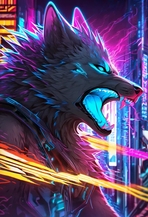 cyberpunk wolf head, roaring, glowing blue eyes, futuristic digital cityscape, neon lights, high tech background, energy burst, aggressive expression, sharp fur details, sci-fi aesthetic
