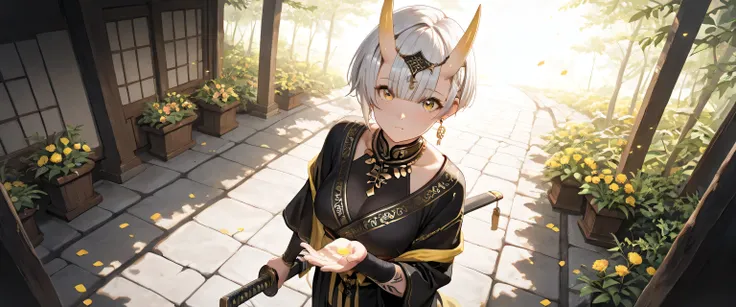 ((masterpiece, best quality, ultra detailed, high resolution, beautiful detailed face, beautiful detailed eyes, perfect hands, 4K)), (1 woman, solo), oni, one cute horn, (medium breasts), (girl with short pixie cut, straight bangs, soft layers, neat around...