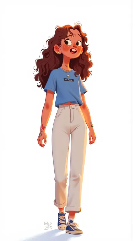 “Space of Consciousness”:Female protagonist(long brown hair, blue t-shirt,White trousers, colorful sneakers )walking in an infinite white background,The silhouette-like figure contrasts sharply with the pure white background。echoing around the negative sta...
