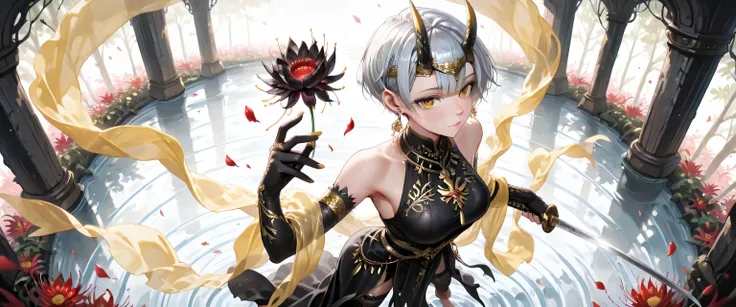 ((masterpiece, best quality, ultra detailed, high resolution, beautiful detailed face, beautiful detailed eyes, perfect hands, 4K)), (1 woman, solo), oni, one cute horn, (medium breasts), (girl with short pixie cut, straight bangs, soft layers, neat around...