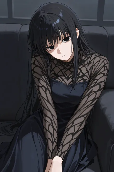 osaragi in sakamoto days, sitting on black sofa, looking at viewer, attractive, beautiful, head tilt, blank eyes