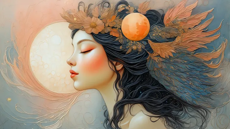 a painting of a woman with wings and a moon in the background, Botticelli and Victo Ngai, ethereal wings, beautiful and intricate painting, por Kelly Mckernan, beautiful intricate painting, intricate and detailed painting, Ethereal Angelic Being of Light ...