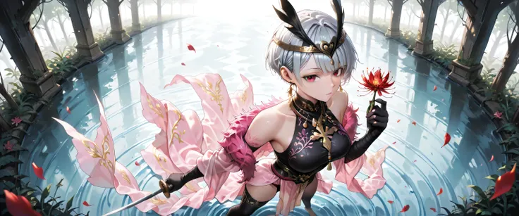 ((masterpiece, best quality, ultra detailed, high resolution, beautiful detailed face, beautiful detailed eyes, perfect hands, 4K)), (1 woman, solo), (medium breasts), (girl with short pixie cut, straight bangs, soft layers, neat around ears and nape, silv...
