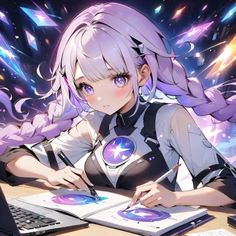 score_9,score_8,score_7,Award-winning work best detail、milky white and purple gradation hair color、 long braids、超詳細で高精細な瞳、glitter、Top quality、Supreme Masterpiece、pretty face、Babyface、"A creative workspace with a hidden princess sitting at a desk, using a n...
