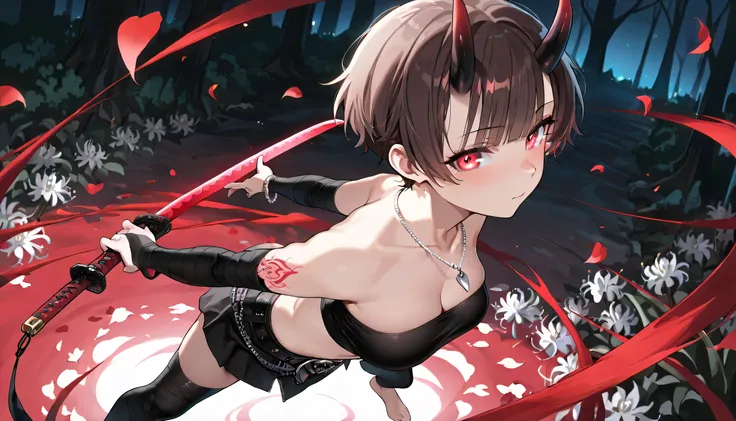 ((masterpiece, best quality, ultra detailed, high resolution, beautiful detailed face, beautiful detailed eyes, perfect hands, 4K)), (1 woman, solo), oni, one cute horn, (medium breasts), (girl with short pixie cut, straight bangs, soft layers, neat around...