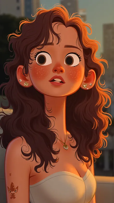 still close-up: a woman(long brown hair)Sit on the sofa,, looks directly into the camera with a firm gaze。quiet blurring of the surrounding world,, only she has a clear center。She looked up slowly,Slightly raise the chin,Eyes like torches。, shallow depth o...