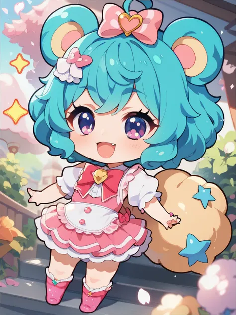 SCORE_9, SCORE_8_ UP, SCORE_7_ UP, SCORE_6_ UP, Anime，nsfw， Uncorrected ，( chibi:1.4)，，Petite，hairy anthropomeranian girl Pomeranian has hair on her legs and arms、Paws are also hairy, doesn't cover her pubic area enough、wearing a slightly short dress，Pretty Cure style，glitter，fisheye lens，  