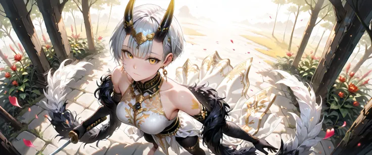 ((masterpiece, best quality, ultra detailed, high resolution, beautiful detailed face, beautiful detailed eyes, perfect hands, 4K)), (1 woman, solo), oni, one cute horn, (medium breasts), (girl with short pixie cut, straight bangs, soft layers, neat around...