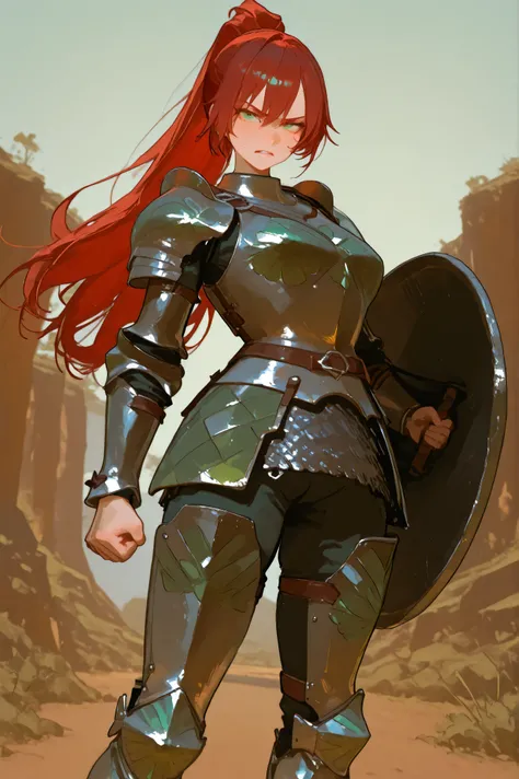 Cinematic lighting, masterpiece. Tall athletic anime girl with long dark red hair in a high ponytail, emerald green eyes, haughty and defiant expression. Standing on sloped rocky terrain, foreground focus. Wearing black partial armor: ornate shoulder plate...