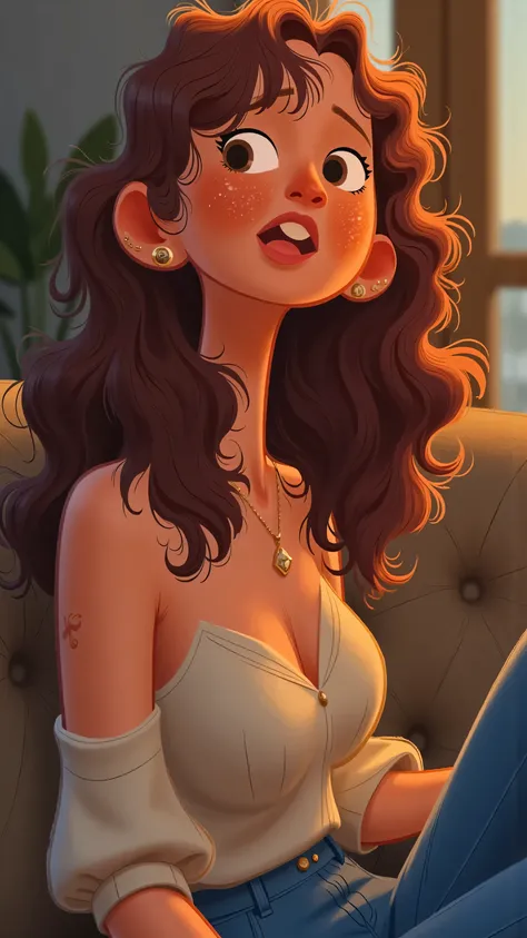 still close-up: a woman(long brown hair,blue jeans)Sit on the sofa,, looks directly into the camera with a firm gaze。quiet blurring of the surrounding world,, only she has a clear center。She looked up slowly,Slightly raise the chin,Eyes like torches。, shal...