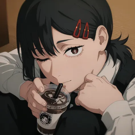kobeni chainsaw man, sitting, looking at viewer, attractive, closeup, beautiful, one eye closed, drinking iced coffee